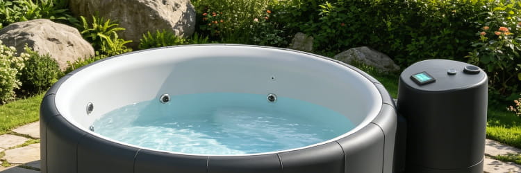1776739581640106.png Inflatable round hot tub with bubbling water, control panel unit in a lush garden.png