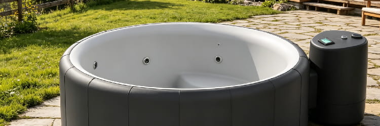 1776739618606440.png Round portable hot tub with separate control unit, outdoor stone patio garden view.png