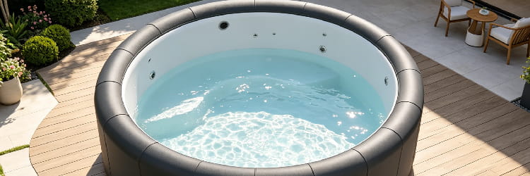 1783062517207204.png alt=Circular inflatable hot tub filled with clear blue water on an outdoor patio with wooden decking.png