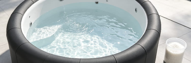 1783062530146925.png alt=Close-up of a round hot tub with clear water and a water treatment product beside it.png