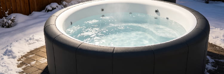 1783664493787337.png Close-up of a round soft spa with bubbling water in a snowy backyard.png
